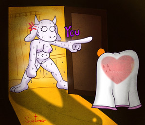 anthro areola bathroom breasts dialogue door female genitals gesture hand_gesture heart_symbol horn navel nipples nude open_door pointing shower_curtain solo towel vulva wet wet_body sussytomato undertale_(series) toriel boss_monster_(undertale)