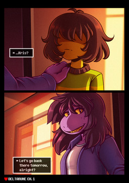 2_panel_comic adolescent ambiguous_gender anthro brown_hair clothing dialogue duo eyebrows eyelashes female freckles hair hair_over_eyes hand_on_shoulder inside jacket light pattern_clothing pattern_sweater pattern_topwear purple_body purple_clothing purple_jacket purple_skin purple_topwear shadow sharp_teeth shirt striped_clothing striped_sweater striped_topwear stripes sweater teeth text topwear white_clothing white_shirt white_topwear yellow_body yellow_eyes yellow_skin yellow_teeth young unnotablejulz deltarune undertale_(series) kris_dreemurr susie_(deltarune) human mammal reptile scalie 2025 artist_name comic dated english_text hi_res lighting