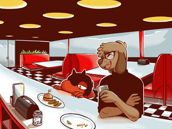 anthro black_clothing black_hair black_topwear brown_body brown_fur brown_hair burger ceiling_lamp checkered checkered_floor claws clothing container cup duo eyes_closed eyewear finger_claws floppy_ears food fries fur furniture glass glass_container glass_cup glass_door glasses hair half-closed_eyes holding_glass holding_object horn lamp male napkin napkin_holder narrowed_eyes open_mouth open_smile outline plate red_body red_skin restaurant salt_shaker smile table teeth topwear wearing_glasses whisker_spots white_outline yellow_eyes shyguy9 pith reed_(bearra) canid canine canis demon domestic_dog imp mammal 4:3