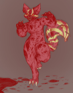 anthro blood bodily_fluids claws covered_in_blood digitigrade female looking_at_viewer muscular one_leg_up open_mouth pool_of_blood pose raised_leg solo spiked_tail spikes spikes_(anatomy) spiral spiral_eyes tail teeth thick_thighs toe_claws axentooth sabrina_(axentooth) canid canine fox mammal monster red_fox true_fox hi_res