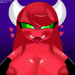 big_breasts blush breasts female green_eyes harder horn looking_at_viewer looking_back looking_back_at_viewer open_mouth red_body smile solo invisha geometry_dash humanoid 1:1 absurd_res hi_res