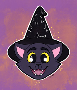 ambiguous_form black_body black_clothing black_eyebrows black_eyes black_fur black_hat black_headwear black_nose clothing eyebrows fangs fur hat headgear headwear holidays looking_at_viewer male no_pupils open_mouth open_smile outline pink_eyes pink_tongue purple_background simple_background smile smiling_at_viewer solo sparkles sparkling_eyes teeth text tongue whisker_spots white_outline wizard_hat yellow_sclera ractoons halloween domestic_cat felid feline felis mammal 2021 artist_name digital_drawing_(artwork) digital_media_(artwork) english_description flat_colors headshot_portrait hi_res portrait