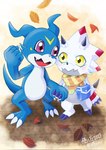 anthro autumn blue_body blush claws duo hand_holding horn male male/male red_eyes scarf white_body yellow_eyes vfcou bandai_namco digimon digimon_(species) gammamon veemon hi_res