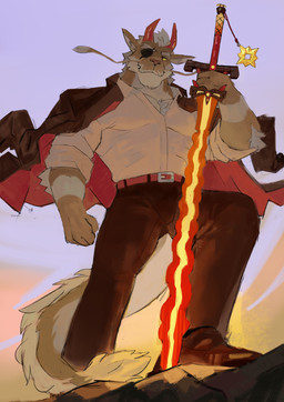 anthro belt black_bottomwear black_clothing black_pants bottomwear clothing eye_patch eyewear footwear fur holding_object holding_weapon horn jacket male mature_anthro mature_male melee_weapon pants red_horn shirt shoes solo standing sword topwear weapon macholobo mythology dominion_(nickad69) dragon eastern_dragon mythological_creature mythological_scalie scalie 2025 absurd_res hi_res
