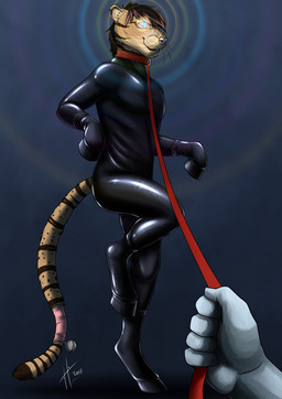 accessory ambiguous_form ambiguous_gender anthro bdsm bell black_bodysuit black_clothing black_latex black_skinsuit bodysuit brown_hair clothed clothing collar duo fur furgonomics hair holding_collar holding_leash holding_object hypnotic_eyes latex latex_bodysuit latex_clothing latex_skinsuit leash looking_at_viewer male male_anthro male_focus markings petplay pink_nose red_collar red_leash roleplay simple_background skinsuit solo_focus standing striped_markings striped_tail stripes tail tail_accessory tail_bell tail_markings tan_body tan_fur tan_tail tight_clothing whiskers hufnaar ambiguous_species felid feline mammal 2017 dated hi_res signature