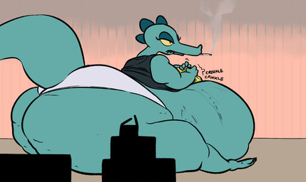 anthro belly big_belly big_butt butt cellulite cigarette clothed clothing fangs fat_arms female food holding_food holding_object huge_belly huge_butt hyper hyper_butt inside lidded_eyes morbidly_obese morbidly_obese_anthro morbidly_obese_female obese obese_anthro obese_female overweight overweight_anthro overweight_female panties pantsless shirt side_view sitting smoking smoking_cigarette solo tail teeth thick_thighs topwear undersized_clothing undersized_topwear underwear yellow_sclera ultrahand night_in_the_woods bea_santello crocodile crocodilian reptile scalie hi_res