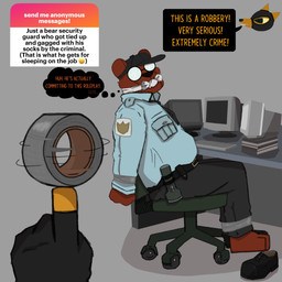 barefoot bdsm bondage bound clothing duct_tape duo feet footwear gag gagged male male/male restrain roleplay security security_guard simple_background socks tape text mrpawpaw ngl night_in_the_woods angus_delaney gregg_lee bear canid canine fox mammal 1:1 digital_media_(artwork) english_text hi_res