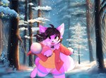 anthro biped black_hair black_nose clothing forest fur green_eyes hair inner_ear_fluff pink_body pink_fur plant snow snowball solo sweater topwear tree tuft winter_coat kidaoriginal norii canid canine fox mammal