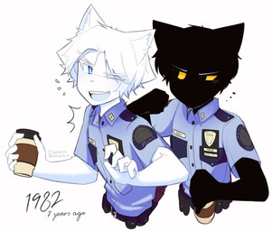 belt beverage black_body black_hair blue_clothing blue_eyes blue_shirt blue_topwear clothing coffee coffee_cup container cup duo forearms hair laugh male male/male officer police police_badge police_officer police_uniform shirt shirt_collar topwear uniform white_body white_hair yellow_eyes dullanboi kiran_mann_(dullanboi) ming_yue_chen_(dullanboi) felid feline humanoid mammal hi_res