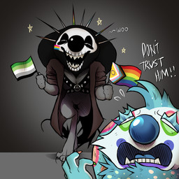 anthro cheerful claws clothed clothing clown clown_makeup clown_nose concern duo eyelashes fur harness male mohawk multicolored_body multicolored_fur pointy_ears prick_ears pride_color_flag spiked_tail spikes spikes_(anatomy) tail teeth kangaroobun nico_(kangaroobun) urei_(kangaroobun) bourwer_clown 1:1 hi_res