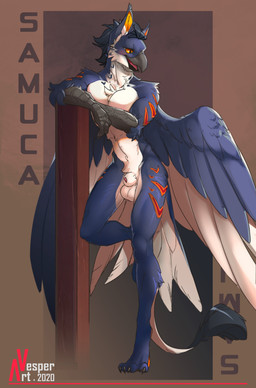 abstract_background animal_genitalia anthro arm_markings balls beak black_claws black_tail_tuft blue_body blue_ears blue_feathers cheek_tuft chest_tuft claws facial_tuft feathered_wings feathers front_view genitals glistening glistening_eyes gloves_(marking) grey_beak leg_markings leg_tuft male markings open_mouth orange_body orange_eyes orange_inner_ear orange_markings penis penis_tip pupils red_body red_markings red_penis red_tongue sheath slit_pupils solo tail tail_tuft text tongue tuft white_balls white_body white_feathers white_sheath wings vesper_art iommygray avian 2020 absurd_res artist_name dated hi_res