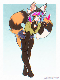 4_toes anthro barefoot biped bottomwear breasts claws clothed clothed_anthro clothed_female clothing ear_piercing feet female finger_claws fingers front_view fully_clothed fully_clothed_anthro fully_clothed_female fur hat headgear headwear hiar inner_ear_fluff looking_at_viewer pawpads paws piercing pink_pawpads simple_background smile solo standing tail teeth toe_claws toes topwear tuft iskra ailurid mammal red_panda 2026 absurd_res digital_drawing_(artwork) digital_media_(artwork) hi_res