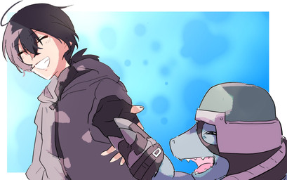 anthro armor clothing duo grin grinning_at_partner hair hand_holding headgear helmet jacket male military ponytail smile soldier topwear warrior gotm_tknr bandai_namco digimon digimon_beatbreak haruomi_sone commandramon digimon_(species) human mammal scalie absurd_res hi_res