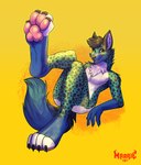 anthro blue_body blue_fur feet foot_focus fur male patterned_fur pawpads paws smile smiling_at_viewer solo marrieskunk akio hybrid absurd_res hi_res