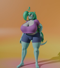 anthro big_breasts breasts cleavage clothed clothing eyewear female glasses green_hair hair huge_breasts long_hair solo tail z-z rose_(fairyfud) scalie 3d_(artwork) blender_(artwork) digital_media_(artwork) hi_res