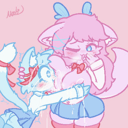 2_horns accessory anthro areola big_breasts biped blue_body blue_eyes blue_tail blush blush_lines bodily_fluids bottomwear bow_(feature) bow_accessory bow_tie breast_squish breasts butt clothed clothing dipstick_tail duo eyebrows eyelashes facial_tuft female female/female fingers front_view fully_clothed fur furgonomics hair hair_accessory hand_on_breast heart_eyes heart_symbol horn inner_ear_fluff lactating legwear looking_at_another markings monotone_body motion_lines musk one_eye_closed open_mouth partially_clothed pink_body pink_ears pink_hair pink_tail raised_inner_eyebrows saliva simple_background skirt squish sweat tail tail_accessory tail_markings topwear tuft underwear matz_(pixiv) domestic_cat felid feline felis mammal 1:1 2023 aliasing digital_drawing_(artwork) digital_media_(artwork) hi_res signature