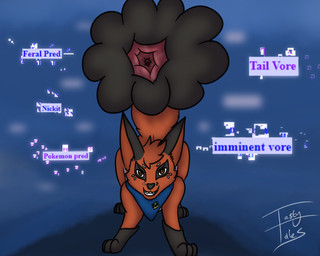 ambiguous_gender black_body black_fur black_nose blue_kerchief blue_neckerchief brown_eyes feral fur head_tuft imminent_tail_vore imminent_vore kerchief leg_markings literal_tailhole looking_at_viewer markings neckerchief neckwear open_mouth orange_body orange_fur raised_tail smile socks_(marking) solo tail tail_fetish tail_play teeth text tuft tastytales nintendo pokemon z_(tastytales) generation_8_pokemon nickit pokemon_(species) 5:4 artist_name english_text male_(lore)