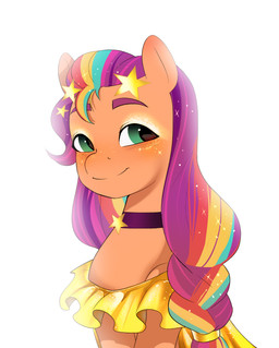 bloom blue_eyes braided_hair braided_ponytail choker clothing dress female feral hair jewelry makeup multicolored_hair necklace ponytail purple_hair quadruped simple_background solo sparkles white_background aztrial hasbro mlp_g5 my_little_pony sunny_starscout_(mlp) earth_pony equid equine horse mammal pony hi_res
