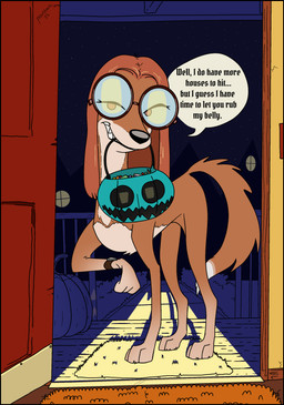 3_toes belly black_border black_nose border brown_back brown_body brown_ears brown_eyes brown_fur brown_hair brown_legs brown_tail candy candy_bowl circle_eyes clock clothed clothed_feral clothing countershade_face countershade_torso countershading dessert dialogue digitigrade dipstick_tail door ears_as_hair ellipsis eyewear feet female female_feral feral feralized floppy_ears food fruit fur glasses gradient_legs hair holidays long_ears long_legs long_neck looking_at_viewer markings night object_in_mouth open_door parted_hair paws plant porch pumpkin quadruped round_glasses rug shadow sharp_teeth sky slim snout solo speech_bubble standing star tail tail_markings tan_belly tan_paws tan_tail_tip teeth text toes trick-or-treating watch wristwatch year pountach halloween illumination_entertainment sing_(movie) suki_lane canid canine canis domestic_dog hunting_dog mammal saluki sighthound 2022 absurd_res colored dated digital_media_(artwork) english_text hi_res signature
