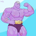 abs anthro barazoku belt biceps big_muscles big_penis blue_background bulge championship_belt circumcised clothing clothing_aside flaccid flexing genitals glans huge_muscles humanoid_genitalia humanoid_penis male muscular muscular_anthro muscular_male narrowed_eyes nipples obliques pecs penis penis_poking_out serratus simple_background smile solo speedo standing swimwear tattoo thick_thighs underwear underwear_aside layndon nintendo pokemon generation_1_pokemon machoke pokemon_(species) 2022 hi_res signature