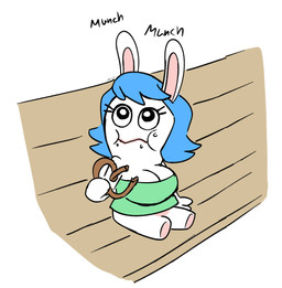 anthro bangs bare_shoulders bench bent_arm big_breasts black_eyes blue_hair bottomless bottomless_anthro bottomless_female breasts cleavage clothed clothed_anthro clothed_female clothing conjoined_eyes eating eating_food eyelashes featureless_legs female food food_on_face green_clothing green_topwear green_tube_top hair holding_food holding_object holding_pretzel long_ears looking_up medium_hair mitten_hands mouth_closed on_bench onomatopoeia pawpads pretzel_(food) pupils simple_background sitting sitting_on_bench solo sound_effects straight_legs tan_body tan_inner_ear tan_pawpads tan_skin text topwear tube_top white_background white_breasts white_pupils robotic_pastries raving_rabbids rayman_(series) ubisoft fan_character rabbid_wife_(robotic_pastries) lagomorph mammal rabbid 2023 digital_drawing_(artwork) digital_media_(artwork) english_description flat_colors full-length_portrait hi_res portrait