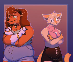 alternate_form anthro anthrofied bodily_fluids bottomwear bracelet breasts choker claws cleavage clothed clothing crop_top crossed_arms crying denim denim_bottomwear denim_clothing denim_shorts duo ear_piercing ear_ring ears_down eyebrows eyewear female finger_claws floppy_ears glasses handpaw head_tuft hotpants jewelry midriff necklace paws piercing pivoted_ears ring_(jewelry) ring_piercing round_glasses shirt shorts slightly_chubby slightly_chubby_female slim tears topwear tuft javatello hasbro littlest_pet_shop littlest_pet_shop:_popular brooklyn_hayes lps_339 lps_675 savannah_reed american_shorthair canid canine canis colorpoint dachshund domestic_cat domestic_dog felid feline felis hunting_dog mammal hi_res