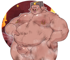 anthro armor balls belly dirty_fur fur genitals headgear headgear_only helmet helmet_only holding_belly male nipple_piercing nipples overweight overweight_anthro overweight_male penis piercing solo tongue tongue_out tusks mightyoceano a_minecraft_movie microsoft minecraft mojang xbox_game_studios general_chungus domestic_pig mammal piglin suid suine sus_(pig) 2025 digital_media_(artwork) hi_res