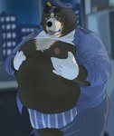 anthro belly big_belly black_nose clothed clothing eyewear glasses kemono male moobs night nipples open_clothing open_shirt open_topwear outside overweight overweight_male police police_hat police_officer police_uniform shirt solo tongue tongue_out topwear underwear uniform o_miso_n bernese_mountain_dog canid canine canis domestic_dog mammal molosser mountain_dog swiss_mountain_dog 2025 absurd_res hi_res