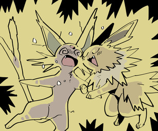 ambiguous_gender black_background duo electricity electrocution fangs feral open_mouth open_smile semi-anthro simple_background smile spiral spiral_eyes teeth kinnni-chan nintendo pokemon eeveelution espeon generation_1_pokemon generation_2_pokemon jolteon mammal pokemon_(species) 6:5 hi_res