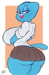 anthro big_breasts big_butt blue_body blue_eyes border bottomwear breasts butt clothed clothing curvy_figure female furgonomics huge_breasts huge_butt looking_back mature_anthro mature_female miniskirt narrowed_eyes open_mouth rear_view skirt solo standing tail tail_through_skirt thick_thighs underbutt white_border wide_hips sleepyscientist cartoon_network the_amazing_world_of_gumball nicole_watterson domestic_cat felid feline felis mammal 2021 alternate_version_at_source digital_media_(artwork) hi_res portrait signature three-quarter_portrait