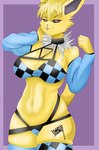 anthro arm_warmers armwear big_breasts blep breasts clothed clothing eeveelution female generation_1_pokemon hair hi_res jolteon ladyleslie nintendo pokemon pokemon_(species) pose racer racing_uniform skimpy solo tattoo tongue tongue_out yellow_body