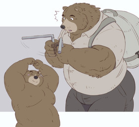anthro backpack belly big_belly black_nose blush bottomwear clothing eyes_closed kemono male moobs nipples overweight overweight_male pants shirt simple_background smile topwear gadoran bear mammal 2025