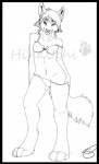 anthro anthropornorphic black_border border bra canid canine canis clothed clothing domestic_dog female fox line_art mammal monochrome off_shoulder panties pinup pose solo tail underwear