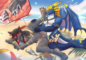 4_toes 5_fingers anklet anthro anthro_on_anthro anthro_penetrated anthro_penetrating anthro_penetrating_anthro ball banknote beach beach_ball beach_umbrella big_penis bikini bikini_bottom bikini_top black_body black_fur black_nose blonde_hair blue_body blue_scales bodily_fluids bottomless bottomless_anthro bottomless_female bracelet breasts cervical_penetration cervix claws clitoris clothed clothed_anthro clothed_female clothed_male clothing cum cum_in_uterus cum_in_vagina cum_inside cum_on_penis day discarded_bikini_bottom discarded_clothing discarded_swimwear duo ejaculation erection fangs feet female female_penetrated finger_claws fingers foot_fetish foot_lick foot_play fur genital_fluids genitals gold_(metal) gold_anklet gold_bracelet gold_jewelry grey_body grey_fur hair highlights_(coloring) hindpaw holding_leg horn humanoid_genitalia humanoid_hands humanoid_vulva inflatable internal internal_vaginal interspecies jewelry kneeling knot knotted_penis knotting licking looking_pleasured lying lying_on_ground lying_on_sand male male/female male_penetrating male_penetrating_female membrane_(anatomy) membranous_wings money money_in_speedo money_in_swimwear multicolored_body multicolored_fur multicolored_scales necklace nipples on_ground on_sand on_side one_breast_out outside outside_sex parasol partially_clothed partially_clothed_anthro partially_clothed_female partially_clothed_male pawpads paws penetration penile penile_penetration penis penis_in_vagina prostitution public public_exposure public_sex red_highlights sand scales sea sex smile speedo speedo_down spread_legs spreading swimwear swimwear_down tail teeth toe_claws toes tongue tongue_out topless topless_anthro topless_male two-piece_swimsuit two_tone_body two_tone_fur two_tone_scales uterus vaginal vaginal_knotting vaginal_penetration vulva wallet water white_body white_scales wings womb_tattoo dbyizhen mythology dragon_enigma inkcloud canid canine canis dragon mammal mythological_creature mythological_scalie scalie wolf story story_in_description