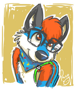 anthro backpack black_ears black_nose blue_backpack blue_body blue_fur blue_kerchief blue_neckerchief cheek_tuft closed_smile eyewear facial_tuft front_view fur glasses glistening glistening_eyes glistening_nose hair kerchief logo looking_up male male_anthro mouth_closed neckerchief neckwear orange_body orange_eyes orange_fur orange_hair pattern_kerchief pattern_neckerchief rectangular_glasses short_hair simple_background smile solo tuft white_body white_fur young young_anthro young_male pandapaco canid canine mammal artist_logo bust_portrait portrait signature