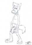 anthro balls barefoot biped bottomless clothed clothing feet flaccid fluffy fluffy_tail foreskin front_view genitals hand_on_own_balls holding_balls holding_penis humanoid_genitalia humanoid_penis looking_at_genitalia looking_at_penis looking_down male mascot mature_anthro mature_male penis pubes shirt solo standing tail topwear wolfblade symbicort_commercial canid canine canis mammal wolf black_and_white line_art monochrome signature