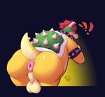 abstract_background anthro anus armband balls blush bracelet butt collar exclamation_point genitals hair horn jewelry male overweight overweight_male puffy_anus red_eyes red_hair shell solo spiked_armband spiked_bracelet spiked_collar spiked_shell spikes spikes_(anatomy) tongue yellow_body lemonzealot color_wheel_challenge mario_bros nintendo bowser koopa scalie hi_res