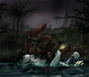 anthro clothing detailed_background duo ear_piercing ear_ring eye_contact facial_piercing forest furgonomic_piercing furgonomics hat headgear headwear jungle lake looking_at_another male male/male muscular night nose_piercing nose_ring nude piercing plant ring_piercing romantic romantic_couple size_difference slim straddling tree water crossroadspony raemyshu rvb_revolution andee_(rvb_revolution) samael_wurlitz bat chupadore mammal hi_res