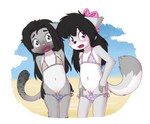 accessory anthro beach bikini bikini_bottom bikini_bottom_down bikini_top black_hair blush bottomwear bottomwear_down bow_ribbon clitoris clothed clothing duo exposure_variation female flat_chested fur genitals grey_body grey_eyes grey_fur hair hair_accessory hair_bow hair_ribbon navel nipple_outline partially_clothed pink_hair_bow purple_eyes pussy ribbons seaside standing swimwear swimwear_down two-piece_swimsuit young young_anthro aggie_(artist) aggie pepper_(kittyprint) arctic_fox canid canine felid fox mammal pantherine snow_leopard true_fox hi_res