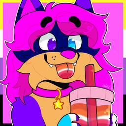 ambiguous_gender anthro beverage blep blue_eyes collar container female fur hair heterochromia holding_object lgbt_pride long_hair nonbinary_pride_colors pink_hair pride_colors purple_body purple_eyes purple_fur simple_background smile solo tongue tongue_out translucent vivianpawz awexthewolf canid canine canis mammal wolf 1:1 digital_media_(artwork) hi_res