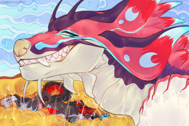 anthro bodily_fluids cutaway fangs fully_inside internal neck_bulge oral_vore saliva smile solo teeth throat toothy_grin vore wet whiskers adulterysun loathsomefreak capcom monster_hunter mythology canid canine dragon leviathan_(mh) mammal mizutsune mythological_creature mythological_scalie scalie 3:2 absurd_res hi_res