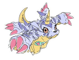 animal_skin anthro chibi claws horn male red_eyes slightly_chubby solo yellow_body tartare_tatin bandai_namco digimon digimon_(species) gabumon