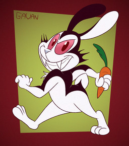 anthro black_body black_ears black_fur black_tail carrot fangs food fur grin holding_carrot holding_food holding_object holding_vegetable long_ears looking_at_viewer male multicolored_body multicolored_fur pink_sclera plant red_eyes scut_tail sharp_teeth short_tail side_view smile solo tail teeth text toony two_tone_body two_tone_fur two_tone_tail vegetable walking white_body white_fur white_nose white_tail gavanzude bunnicula_(series) bunnicula lagomorph leporid mammal rabbit vampire 2023 artist_name digital_media_(artwork) hi_res