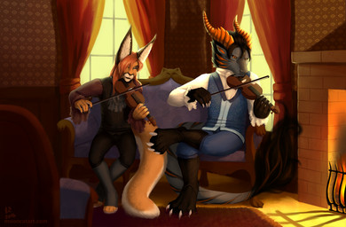 anthro bowed_string_instrument clothed clothing duo fireplace fur hair horn inside male musical_instrument sitting string_instrument violin mosa aohren canid canine felid fox hybrid mammal hi_res