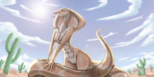 anthro apode athletic athletic_anthro athletic_female breasts cactus cloud day desert detailed_background female genitals legless looking_at_viewer nipples non-mammal_breasts non-mammal_nipples nude outdoor_nudity outside plant serpentine sky solo sun vulva latiar mina_(flying_afro) cobra draconcopode naga reptile scalie snake 2021 2:1 digital_media_(artwork) hi_res portrait three-quarter_portrait