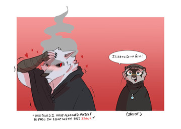anthro arm_wrapping arm_wraps blush claws cloak clothed clothing dialogue duo ears_down eyewear facial_markings frown fur fuzzy glasses grey_body grey_fur half-closed_eyes hand_on_head hand_wrapping hand_wraps hands_wrapped head_markings heart_symbol jewelry looking_at_another love male male/male markings mask_(marking) narrowed_eyes necklace open_mouth open_smile pink_background pivoted_ears poncho red_eyes romantic romantic_couple shaking silly silly_face simple_background size_difference smile smoke smoke_from_head speech_bubble standing tan_body tan_fur text trembling unimpressed wearing_glasses wrapped_arms wraps howdypeepos dreamworks puss_in_boots_(franchise) death_(puss_in_boots) fan_character canid canine canis mammal procyonid raccoon wolf english_text hi_res