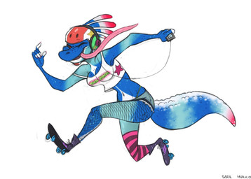 5_fingers anthro blue_body breasts cleavage clothed clothed_anthro clothed_female clothing dipstick_tail electronics eyelashes female fingers fishnet_clothing fishnet_legwear footwear freckled_face freckles headphones holding_object legwear long_tongue magenta_eyes markings medium_breasts navel one_eye_closed pattern_clothing pattern_legwear pattern_thigh_highs quad_skates red_tail_tip roller_skates shirt simple_background solo star_print striped_clothing striped_legwear striped_thigh_highs stripes tail tail_markings tank_top text text_on_clothing text_on_topwear thigh_highs tongue tongue_out topwear wearing_helmet white_background sara_murko liz_(cpt.maverick) lizard reptile scalie 2017 artist_name