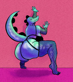 anthro armwear butt clothing crouching female fishnet_armwear fishnet_clothing fishnet_legwear glistening glistening_butt leaning_on_wall legwear lingerie looking_at_viewer looking_back looking_back_at_viewer pose presenting presenting_hindquarters serious solo tail thick_thighs pokuyuno239 night_in_the_woods bea_santello crocodile crocodilian reptile scalie absurd_res digital_media_(artwork) digital_painting_(artwork) hi_res painting_(artwork)
