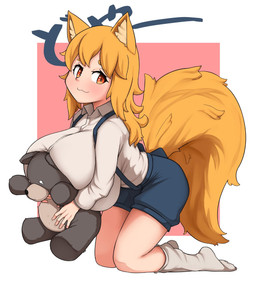 big_breasts big_butt blush breasts butt clothing female hair huge_breasts kneeling orange_eyes orange_hair plushie smile solo tail text sakanadaze animal_humanoid canid canid_humanoid canine canine_humanoid fox_humanoid humanoid mammal mammal_humanoid character_request hi_res japanese_text