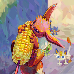 ambiguous_gender bite black_body black_fur brown_body brown_fur corn feral food fur humor long_ears pawpads paws plant white_body white_fur blitzdrachin conditional_dnp nintendo pokemon eevee felid feline generation_1_pokemon generation_7_pokemon generation_9_pokemon litten mammal meowth pokemon_(species) sprigatito 1:1 2025 digital_media_(artwork) digital_painting_(artwork) meme painting_(artwork)